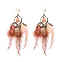 Feather Drop Earring, with Zinc Alloy, fashion jewelry & for woman, brown, 150mm 