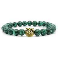 Malachite Bracelets, with zinc alloy bead & Zinc Alloy, Owl, gold color plated, Unisex, green, 8mm Approx 7.5 Inch 