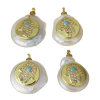 Cultured Freshwater Pearl Brass Pendant, with pearl, Hamsa, gold color plated, micro pave cubic zirconia, 13.5-16x19-21x6.5-7mm Approx 1.5mm 