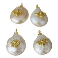 Cultured Freshwater Pearl Brass Pendant, with pearl, Insect, gold color plated, 12-13x18-19x7.5-8.5mm Approx 1.5mm 