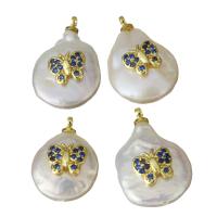 Cultured Freshwater Pearl Brass Pendant, with pearl, Butterfly, gold color plated, micro pave cubic zirconia, 12-13.5x17-20.5x7-7.5mm Approx 1.5mm 