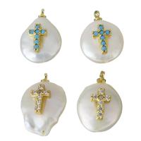 Cultured Freshwater Pearl Brass Pendant, with pearl, Crucifix Cross, gold color plated, micro pave cubic zirconia 13-14x18.5-21x6-8.5mm Approx 1.5mm 