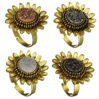 Natural Agate Druzy Finger Ring, Brass, with Ice Quartz Agate, Sunflower, gold color plated, 25mm, US Ring 