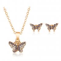 Rhinestone Zinc Alloy Jewelry Set, earring & necklace, with 6cm extender chain, Butterfly, fashion jewelry & for woman & with rhinestone, golden, 1.5cm*1.7cm,1.1cm*0.7cm Approx 14.9 Inch 