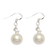 South Sea Shell Drop Earrings, Shell Pearl, brass earring hook, Round, silver color plated, for woman, white, 10mm 