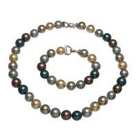 Shell Pearl Jewelry Set, bracelet & necklace, brass foldover clasp, Round, silver color plated, 2 pieces & for woman, mixed colors Approx 16.5 Inch, Approx 7.5 Inch 