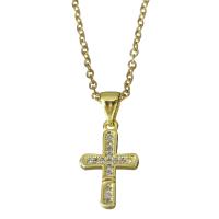 Cubic Zirconia Stainless Steel Necklace, with brass bail, with 2Inch extender chain, Cross, gold color plated, oval chain & micro pave cubic zirconia 1.5mm Approx 17.5 Inch 