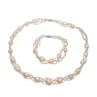 Brass Freshwater Pearl Jewelry Sets, bracelet & necklace, with Glass Seed Beads, brass magnetic clasp, Rice, silver color plated, 2 pieces & for woman, pink Approx 16.1 mm, Approx 7.5 mm 