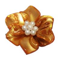 Yellow Shell Connector, with Freshwater Pearl, Flower, silver color plated, 3/3 loop, yellow 5mm 