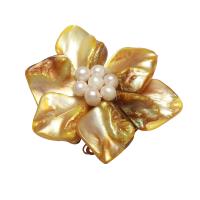 Yellow Shell Connector, with Freshwater Pearl & Brass, Flower, silver color plated, 3/3 loop, yellow Approx 2.5mm 