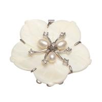 White Shell Connector, with Freshwater Pearl & Brass, Flower, silver color plated, 3/3 loop, white Approx 2mm 