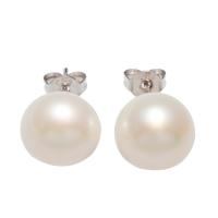 Freshwater Pearl Stud Earring, brass post pin, Potato, silver color plated, for woman, white 