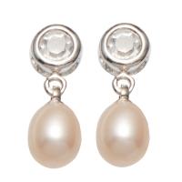 Freshwater Pearl Brass Earring, brass post pin, Potato, silver color plated, for woman & with rhinestone, pink 