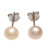 Freshwater Pearl Stud Earring, brass post pin, Potato, silver color plated, for woman, pink 