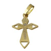 Colgantes de Cruces de acero inoxidable, Cruz del crucifijo, chapado en color dorado, 15.5x23x1.5mm, agujero:aproximado 4x5.5mm, Vendido por UD
