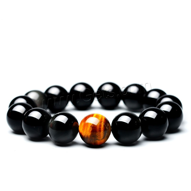 Black Obsidian Bracelet, with Tiger Eye, Round, polished, Unisex & different size for choice, black, Length:Approx 7.5 Inch, Sold By Strand