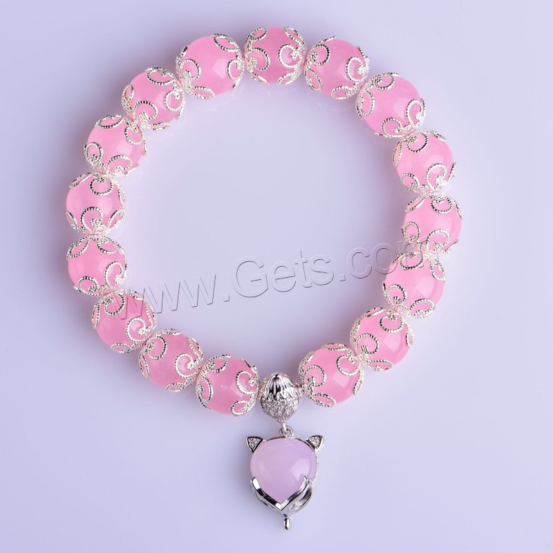 calcedonia Pulsera, con aleación de zinc, Zorro, chapado en color de plata, diverso tamaño para la opción & para mujer, Rosado, longitud:aproximado 6 Inch, Vendido por Sarta