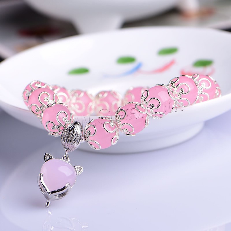 calcedonia Pulsera, con aleación de zinc, Zorro, chapado en color de plata, diverso tamaño para la opción & para mujer, Rosado, longitud:aproximado 6 Inch, Vendido por Sarta