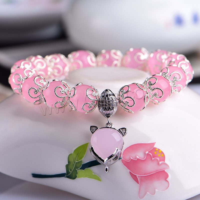 Chalcedony Bracelet, with Zinc Alloy, Fox, silver color plated, different size for choice & for woman, pink, Length:Approx 6 Inch, Sold By Strand