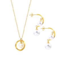 Titanium Steel Jewelry Set, earring & necklace, with ABS Plastic Pearl, with 5cm extender chain, plated, oval chain & for woman Approx 17.72 Inch 