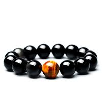 Black Obsidian Bracelet, with Tiger Eye, Round, polished, Unisex black Approx 7.5 Inch 