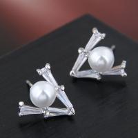 Brass Stud Earring, with Cubic Zirconia & Plastic Pearl, stainless steel post pin, plated, for woman 12mm 