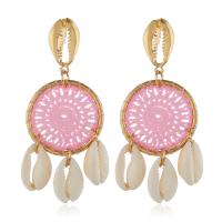 Zinc Alloy Drop Earring, with Cotton Thread & Shell, stainless steel post pin, gold color plated, for woman 72*42mm 