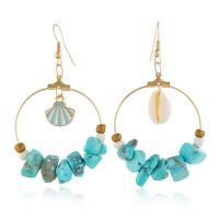 Zinc Alloy Asymmetric Earrings, with turquoise & Shell, brass earring hook, gold color plated, for woman 65*40mm 