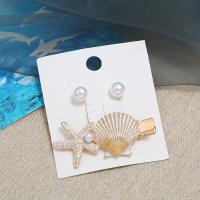 Enamel Zinc Alloy Jewelry Sets, Stud Earring & hair slide, with Plastic Pearl, stainless steel post pin, gold color plated, 2 pieces & for woman 63*28mm,10mm 