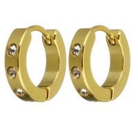 Stainless Steel Huggie Hoop Earring, gold color plated, for woman & with rhinestone 