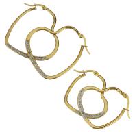 Stainless Steel Lever Back Earring, with Rhinestone Clay Pave, Heart, gold color plated & for woman 