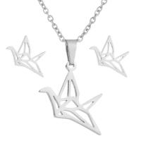Fashion Stainless Steel Jewelry Sets, Stud Earring & necklace, with 5cm extender chain, Thousand Origami Cranes, plated, oval chain & for woman Approx 17.70 Inch 