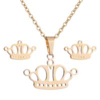 Fashion Stainless Steel Jewelry Sets, Stud Earring & necklace, with 5cm extender chain, Crown, plated, oval chain & for woman Approx 17.70 Inch 