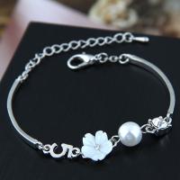 Zinc Alloy Rhinestone Bracelets, with Plastic Pearl, plated, for woman & with rhinestone, silver color, 55*10mm 