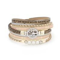 Wrap Bracelets, leather cord, with Magnet & Pearl Shell, Round, plated, multilayer & for woman, khaki Approx 15 Inch 