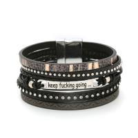Wrap Bracelets, Stainless Steel, with Magnet & leather cord & Rhinestone, Round, plated, multilayer & with rivet stud & for woman, black Approx 7 Inch 