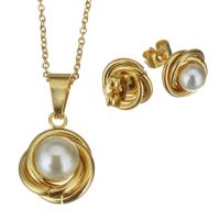Fashion Stainless Steel Jewelry Sets, Stud Earring & necklace, with Plastic Pearl, with 2Inch extender chain, gold color plated, oval chain & for woman 1.5mm Approx 17 Inch 
