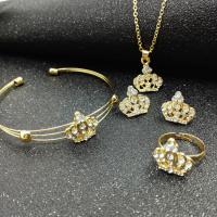 Rhinestone Zinc Alloy Jewelry Set, Stud Earring & bangle & finger ring & necklace, Crown, gold color plated, adjustable & oval chain & for woman & with rhinestone  Inner Approx 50mm, US Ring  Approx 17.72 Inch 