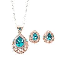Rhinestone Zinc Alloy Jewelry Set, earring & necklace, with Quartz, Teardrop, rose gold color plated, oval chain & for woman & with rhinestone & hollow 30mm Approx 19.68 Inch 