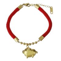 Stainless Steel Charm Bracelet, with Nylon Cord, with 1.5Inch extender chain, Pig, gold color plated, for woman 5mm Approx 6.5 Inch 
