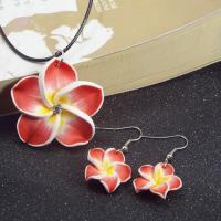Polymer Clay Jewelry Set, earring & necklace, with PU Leather Cord, with 5cm extender chain, Flower, Korean style & for woman, red, 20mm,40mm Approx 17.72 Inch 