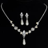 Brass Jewelry Set, earring & necklace, with ABS Plastic Pearl, Teardrop, silver color plated, for woman & with rhinestone Approx 18.90 Inch 