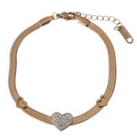 Stainless Steel Chain Bracelets, with Rhinestone Clay Pave, with 1.5Inch extender chain, Heart, rose gold color plated, herringbone chain & for woman  4mm Approx 6.5 Inch 