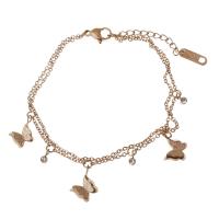 Stainless Steel Charm Bracelet, with 1Inch extender chain, Butterfly, rose gold color plated, double link chain & oval chain & for woman & with rhinestone  1.5mm Approx 7 Inch 