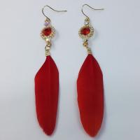 Zinc Alloy Drop Earring, with Feather, gold color plated, for woman & with rhinestone, red 
