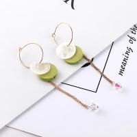 Zinc Alloy Huggie Hoop Drop Earring, with Glass Beads & Wood, gold color plated, for woman & frosted 65mm 