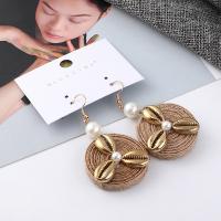 Plastic Pearl Zinc Alloy Earring, with Linen & Plastic Pearl, gold color plated, fashion jewelry & for woman, 67mm 