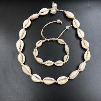 Trumpet Shell Jewelry Set, bracelet & necklace, with Cotton Cord & Plastic Pearl, for woman, beige Approx 5.9 Inch 