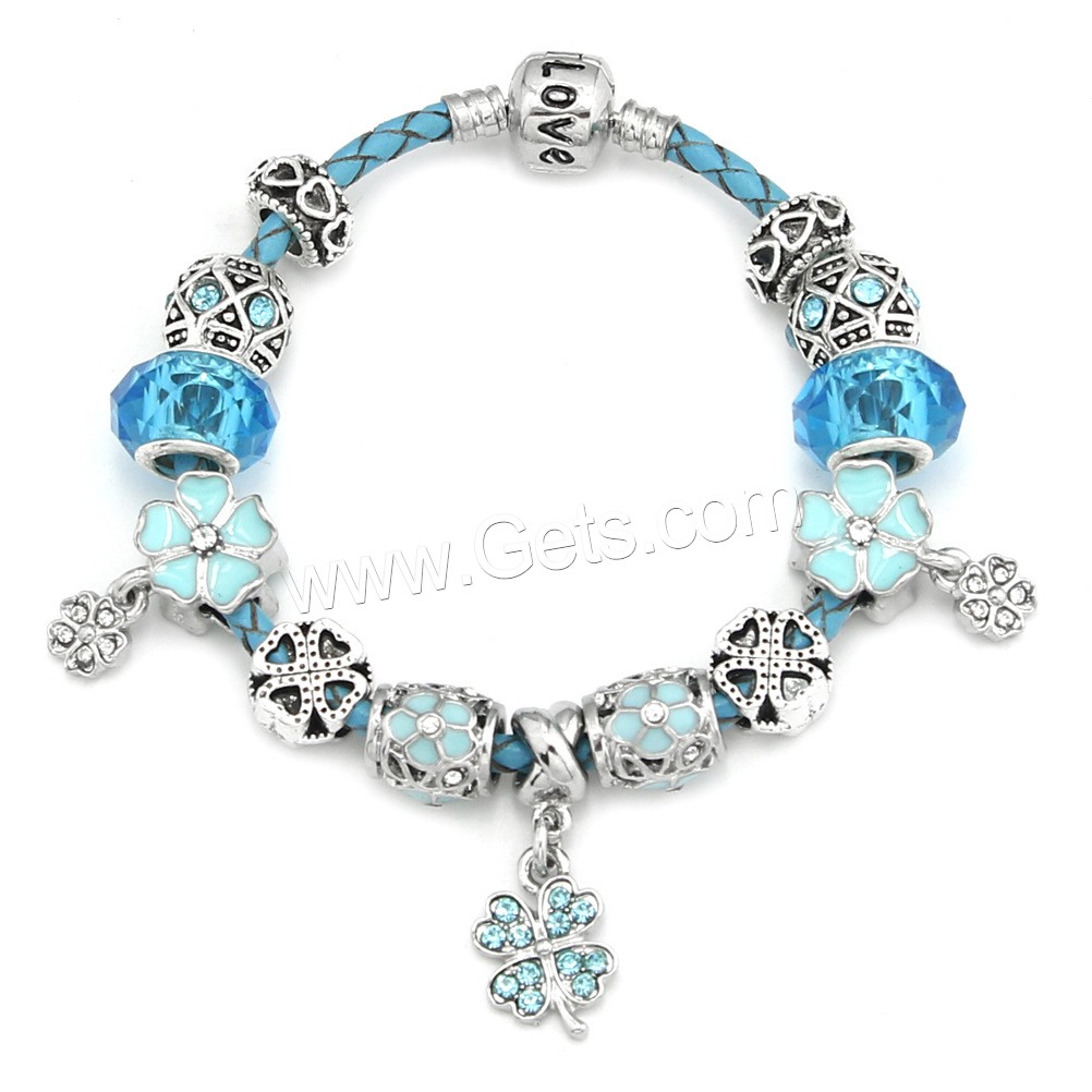 Zinc Alloy European Bracelets, with Rhinestone Clay Pave & Lampwork, antique silver color plated, different length for choice & for woman & enamel, blue, Sold By Strand
