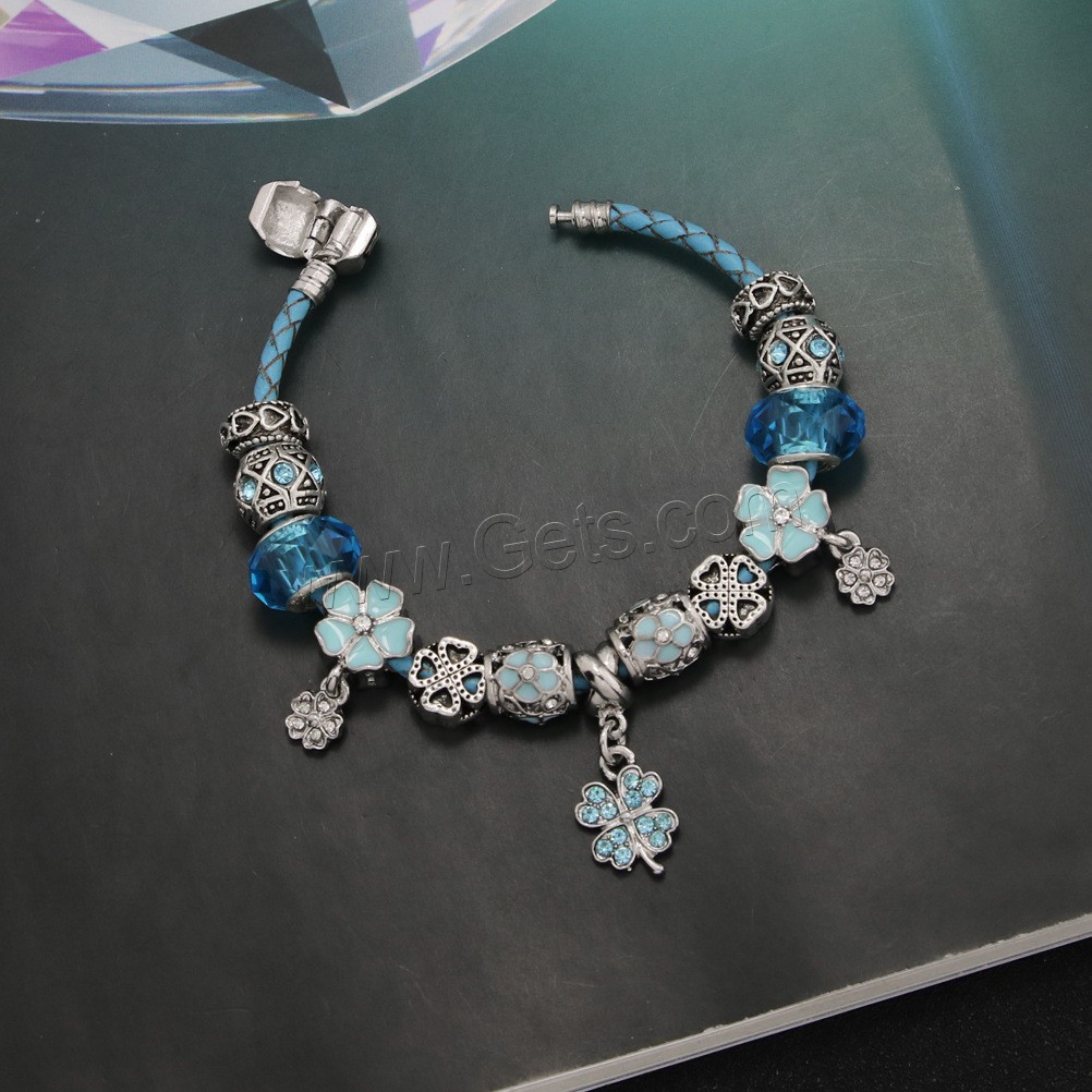 Zinc Alloy European Bracelets, with Rhinestone Clay Pave & Lampwork, antique silver color plated, different length for choice & for woman & enamel, blue, Sold By Strand